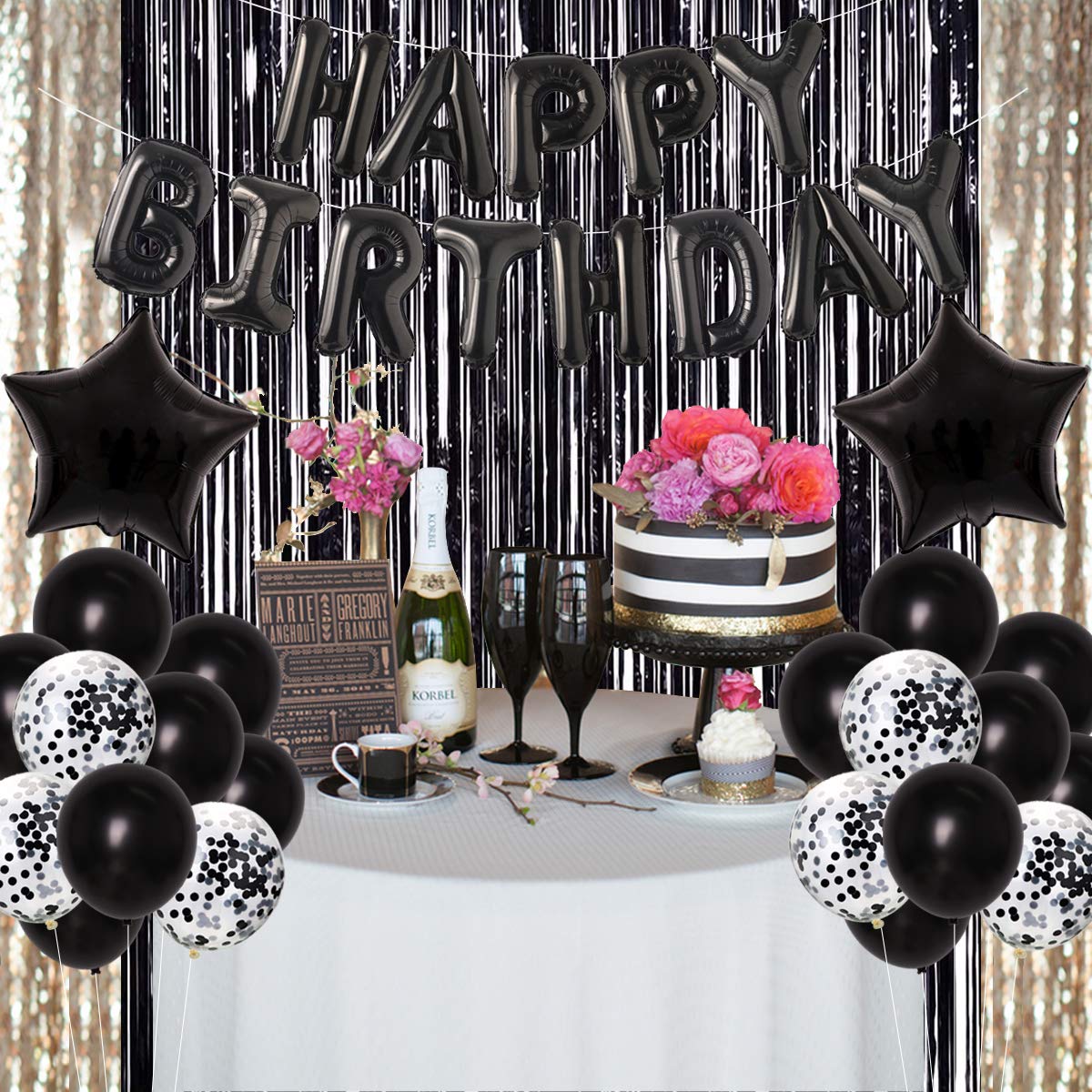 Joymemo 30Th Birthday Decorations Black - Dirty Thirty Foil Balloon & Cake Toppers, Happy Birthday Banner, Black Star Confetti Balloons, Foil Fringe Curtain For Men Women Thirty Bday Party Supplies