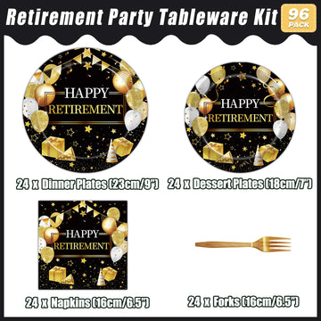 Kepeel 96 Pcs Retirement Party Plates And Napkins Set, Happy Retirement Party Supplies Decorations For Men Women Gold And Black