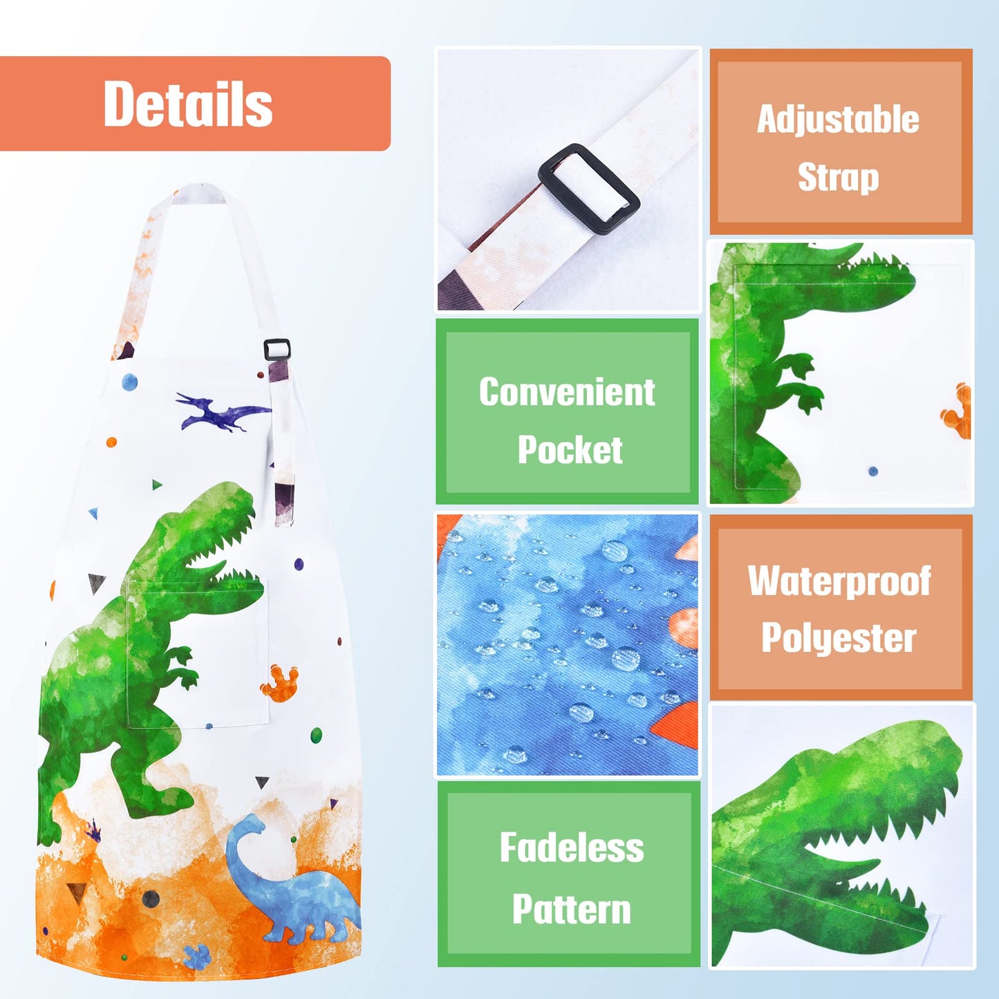 Dinosaur Kids Apron - Waterproof Polyester Aprons With Adjustable Strap And Pocket Kitchen Chef Bib Aprons For Children Boys Cooking Baking Painting Party Birthday Gifts (Medium, 11-15 Years)