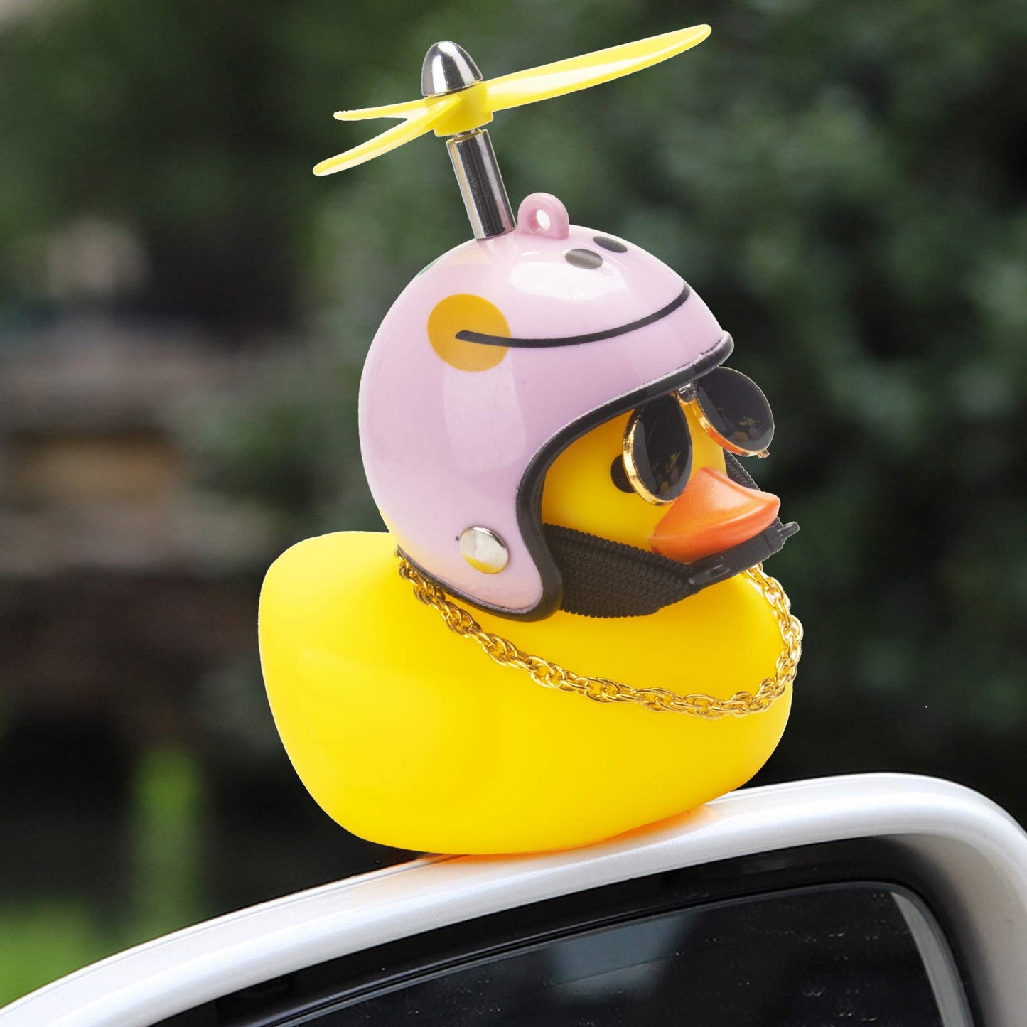 wonuu Rubber Duck Car Ornaments Yellow Duck Car Dashboard Decorations Cool Glasses Duck with Propeller Helmet (Pink Smile-Yellow)