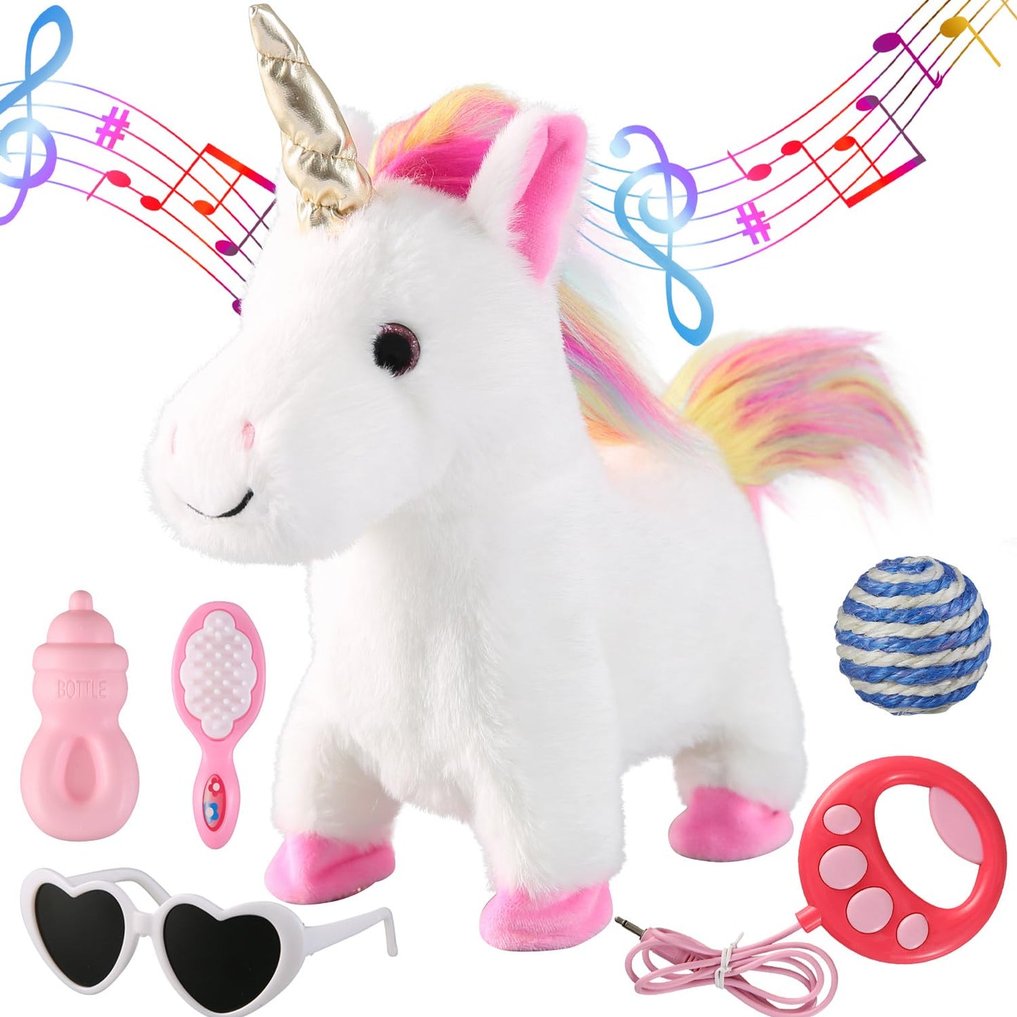 White Walking Unicorn Toy Set Singing Dancing Electronic Plush Unicorn With Control Leash, Realistic Footsteps Nodding Tail Wagging Pretend Dress Up Cute Wings Animated Stuffed Unicorn Gift For Girl