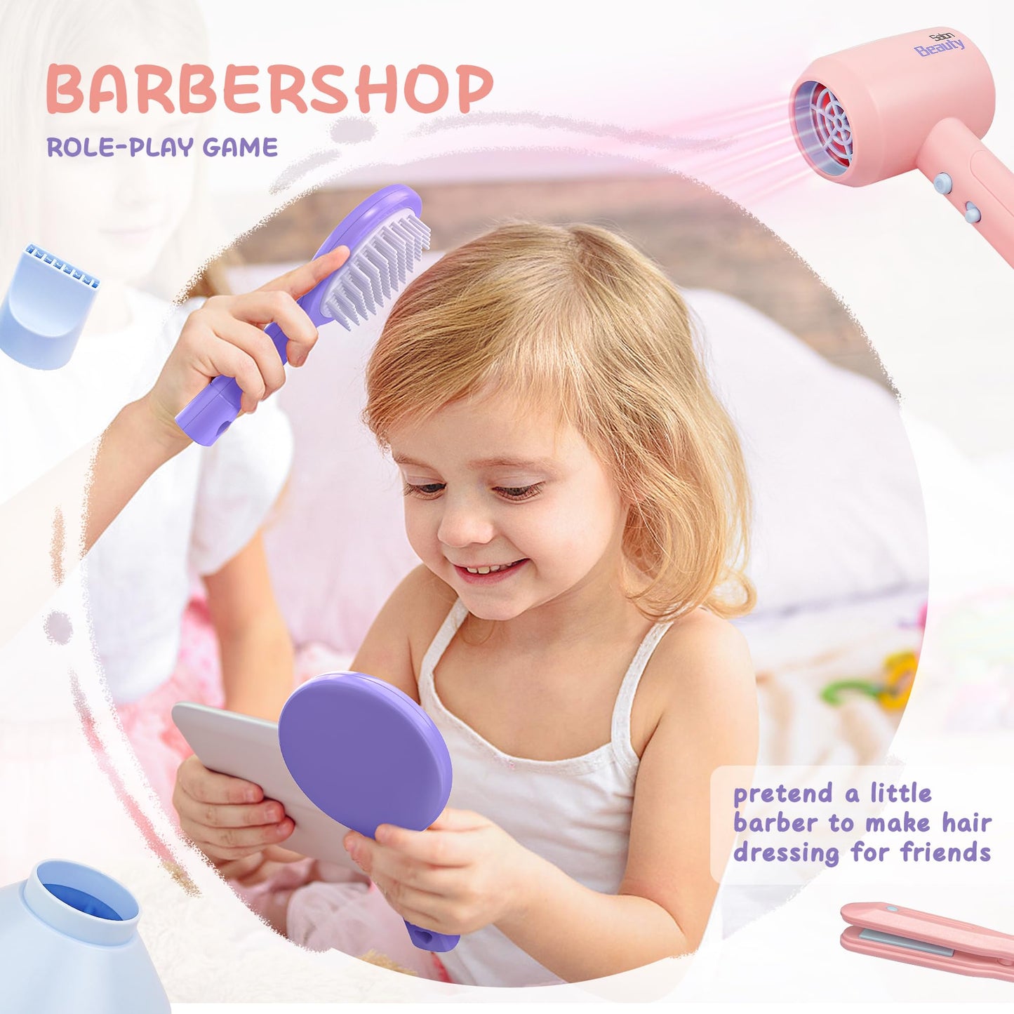 Smilesskiddo Hair Salon Toys For Girls - Pretend Play Hair Styling Toy Set With Realistic Blow Dryer, Hair Straightener And Acce