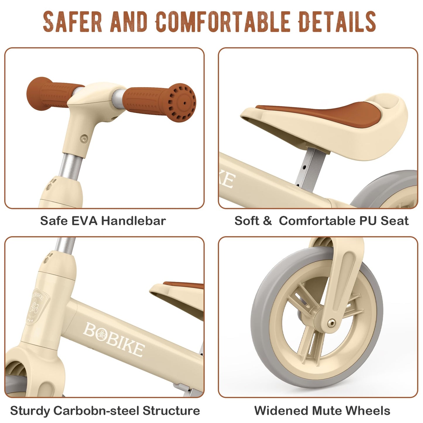 Bobike Toddler Balance Bike Toys For 1 To 6 Year Old Girls Boys Adjustable Seat And Handlebar No-Pedal Training Bike Best Gifts For Kids (Beige)