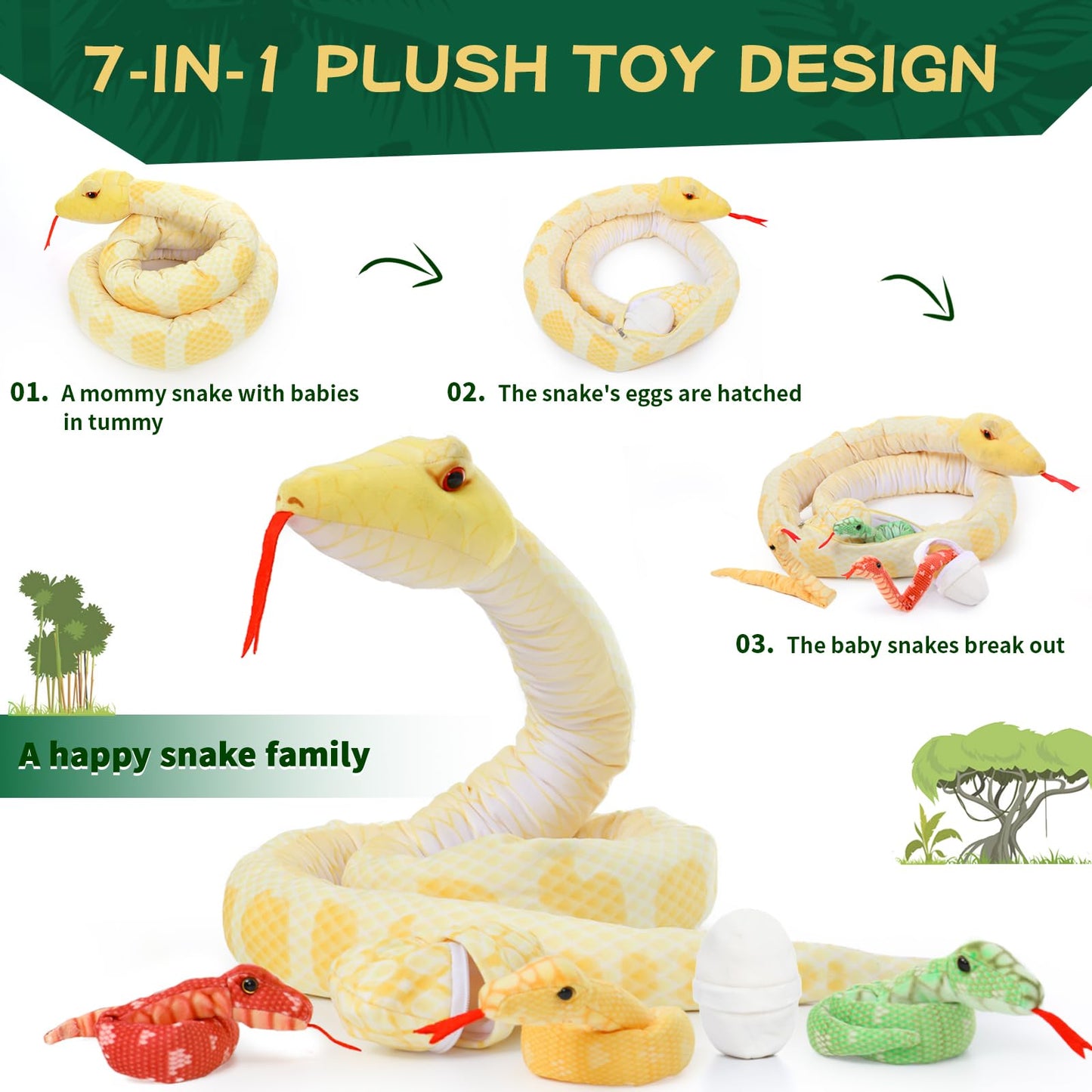 Tezituor Giant Stuffed Snake Plush, Yellow Snake Stuffed Animal With 3 Snake Babies & 2 Eggs,80' Long Boa Constrictor Snake Toys For Boys Girls Birthday Gifts