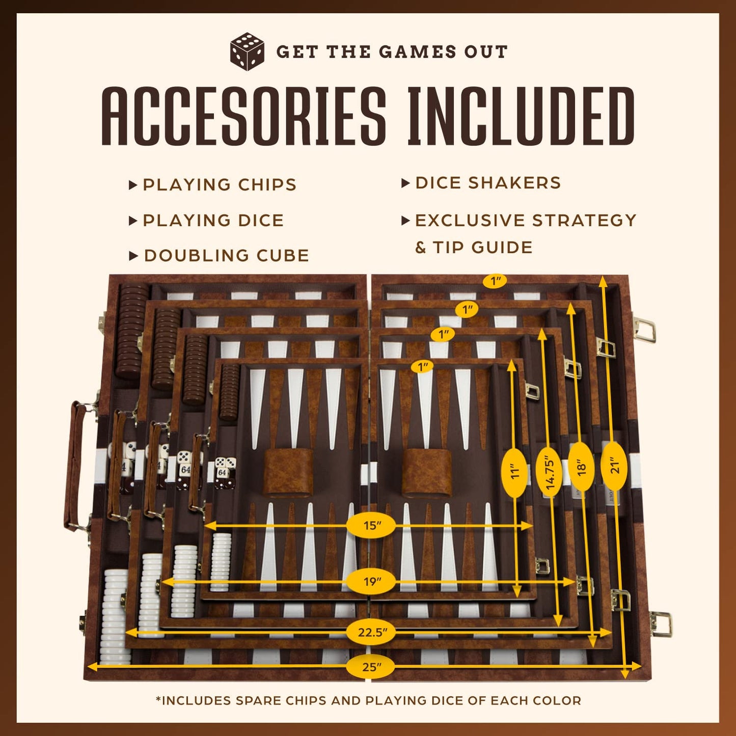 Get The Games Out Backgammon Set - Classic Board Game - Medium Size - Brown - Metal with Leatherette Accents - Model 43227-2678