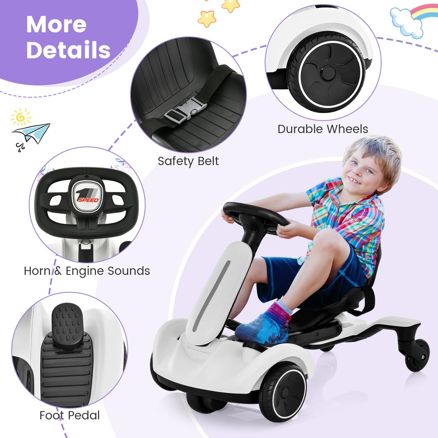 Costzon 6V Electric Ride-On Drift Car, White, 360° Spin, Adjustable Seat, 2.6-3 MPH, Go Kart for Kids 3+