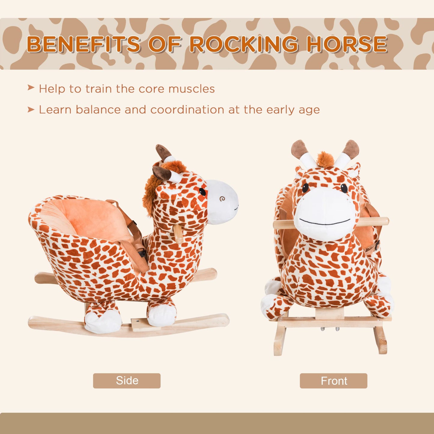 Qaba Kids Plush Ride-On Rocking Horse Toy Giraffe Style With Song For 18-36 Months, Brown