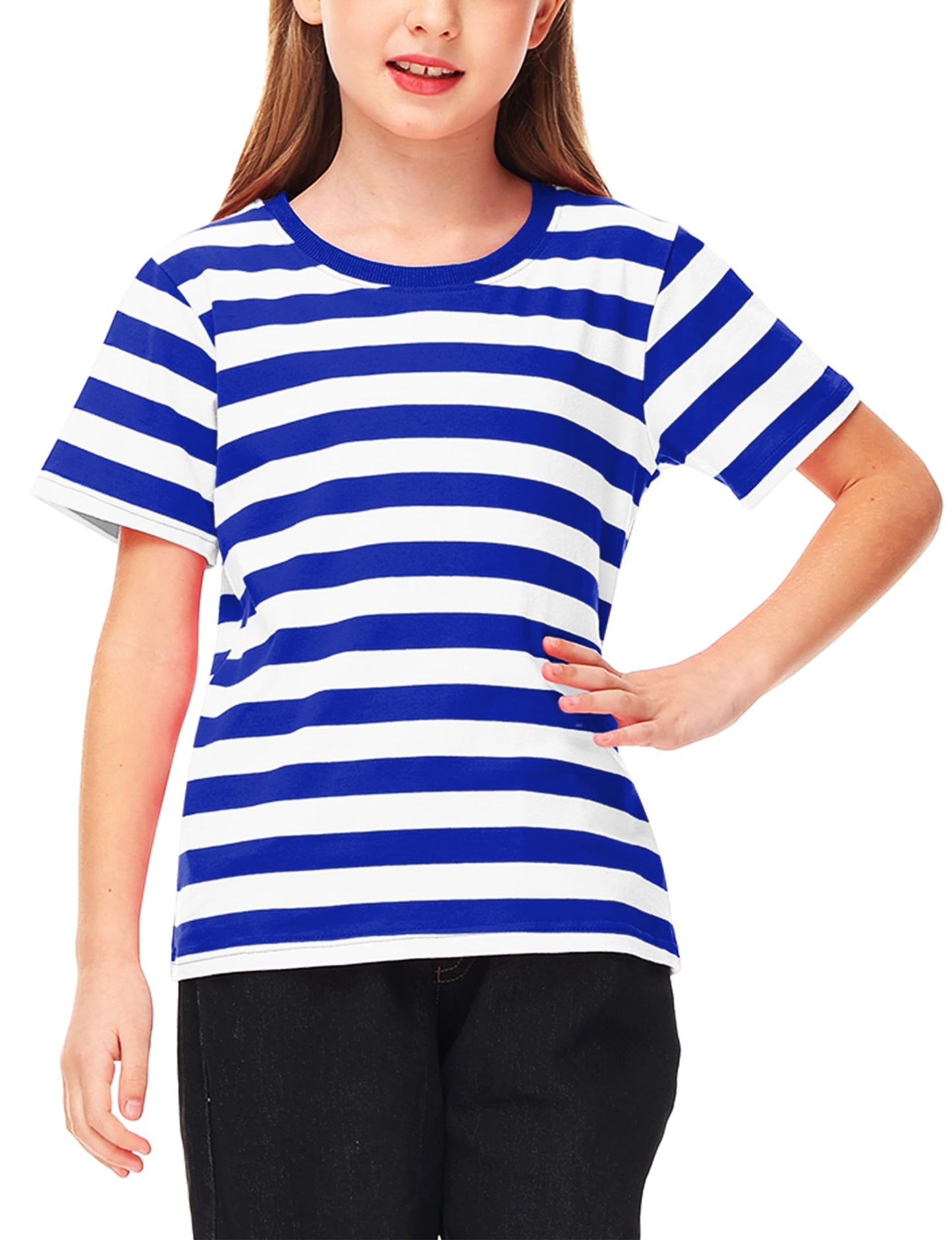 Boys Halloween Prisoner Costume Girl Blue White Striped Shirt Short Sleeve Summer Basic Tee Top 5-6 Years
