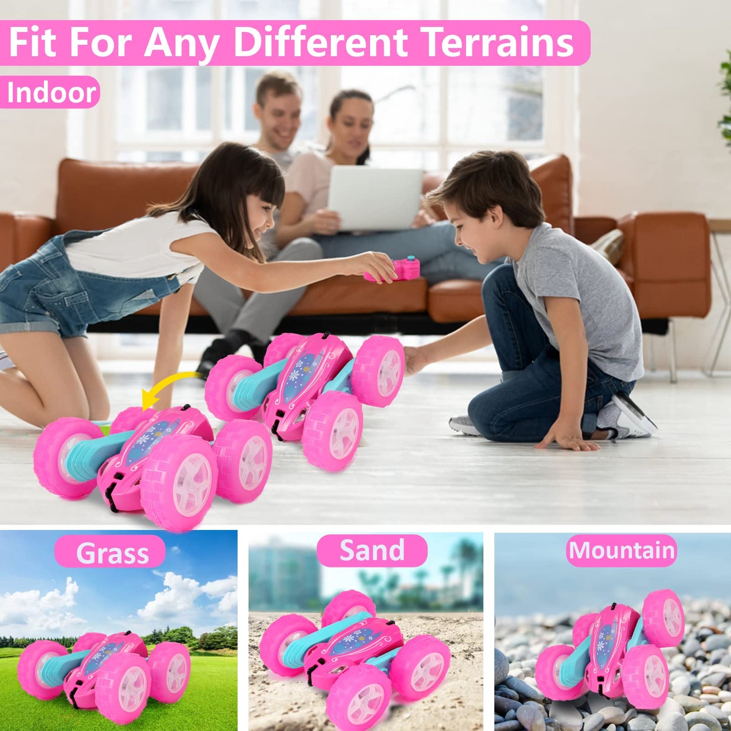 FREE TO FLY Remote Control Car for Girls : Pink RC Car Double Sided 360Flip Stunt Cars with Headlights & WheelLights Rechargeabl