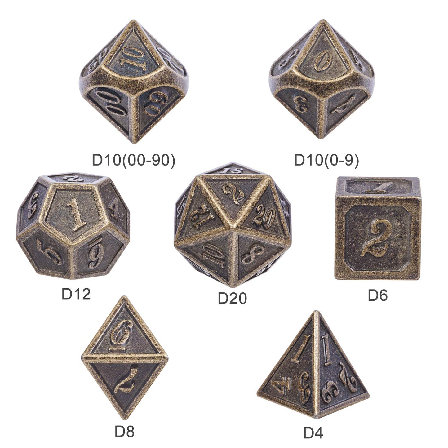 DnDnD Ancient Design Dice, 7PCS Brass DND Metal Dice with Metal Box for Table Games Dungeons and Dragons D&D