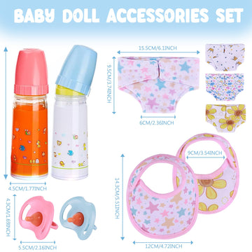 Babeside Baby Doll Accessories Set - 10 Pcs Including Bottles With Disappearing Milk, Pacifier, Bibs, Diapers - Pretend Play Fee