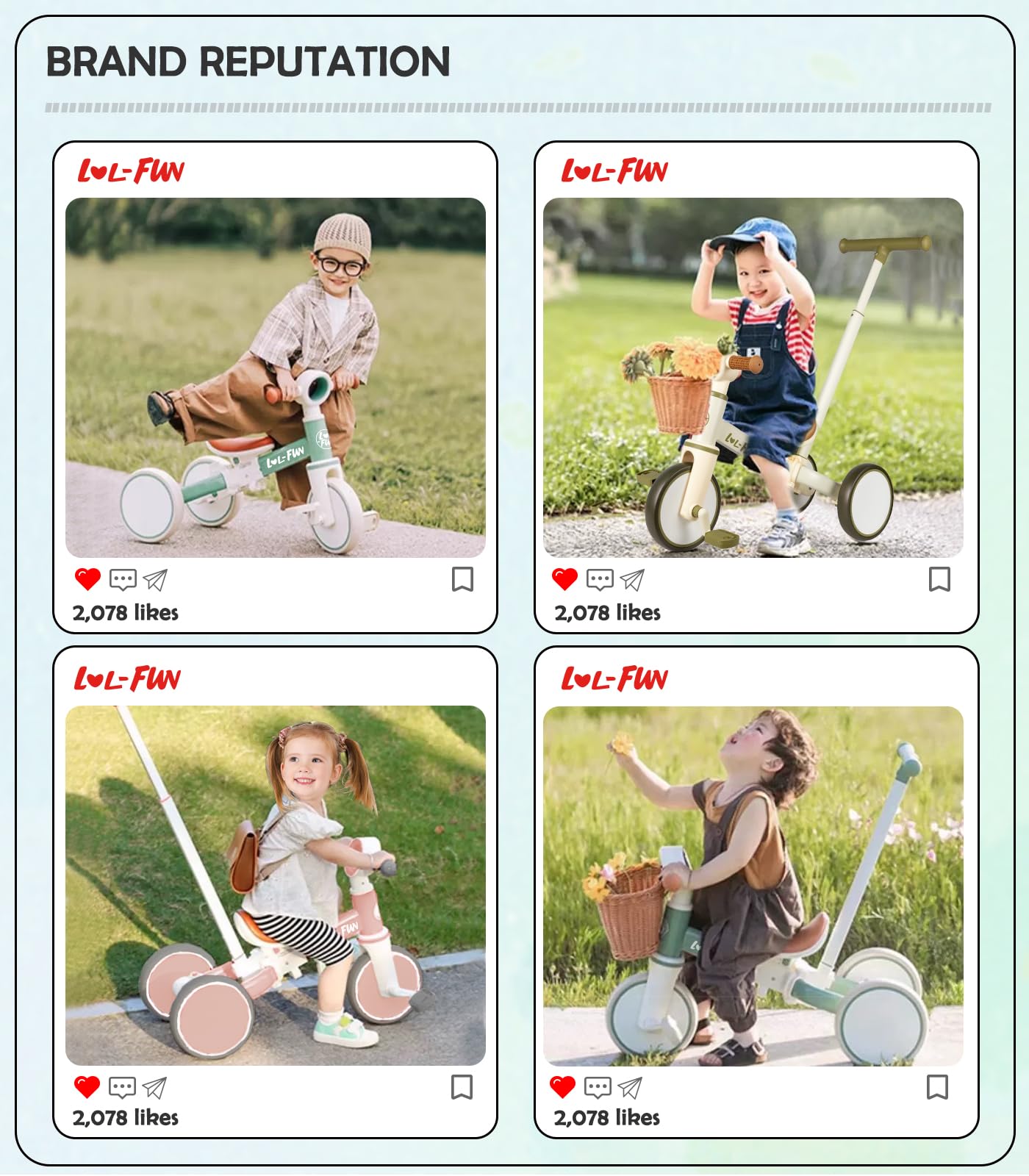 LOL-FUN 5 in 1 Toddler Tricycles for 1-3 Year Olds Boys Girls Toy with Parent Steering Push Handle, Baby Balance Bike 1 Year Old