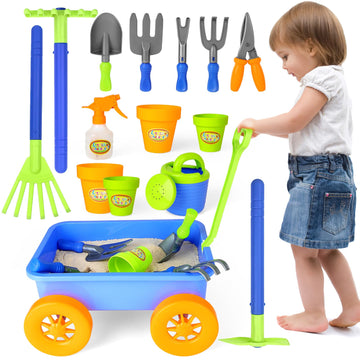 deAO Kids Garden Wagon Wheelbarrow Play Set - 10 Accessories, 4 Plant Pots, Blue Plastic - Great Outdoor Toddler Gardening Toys