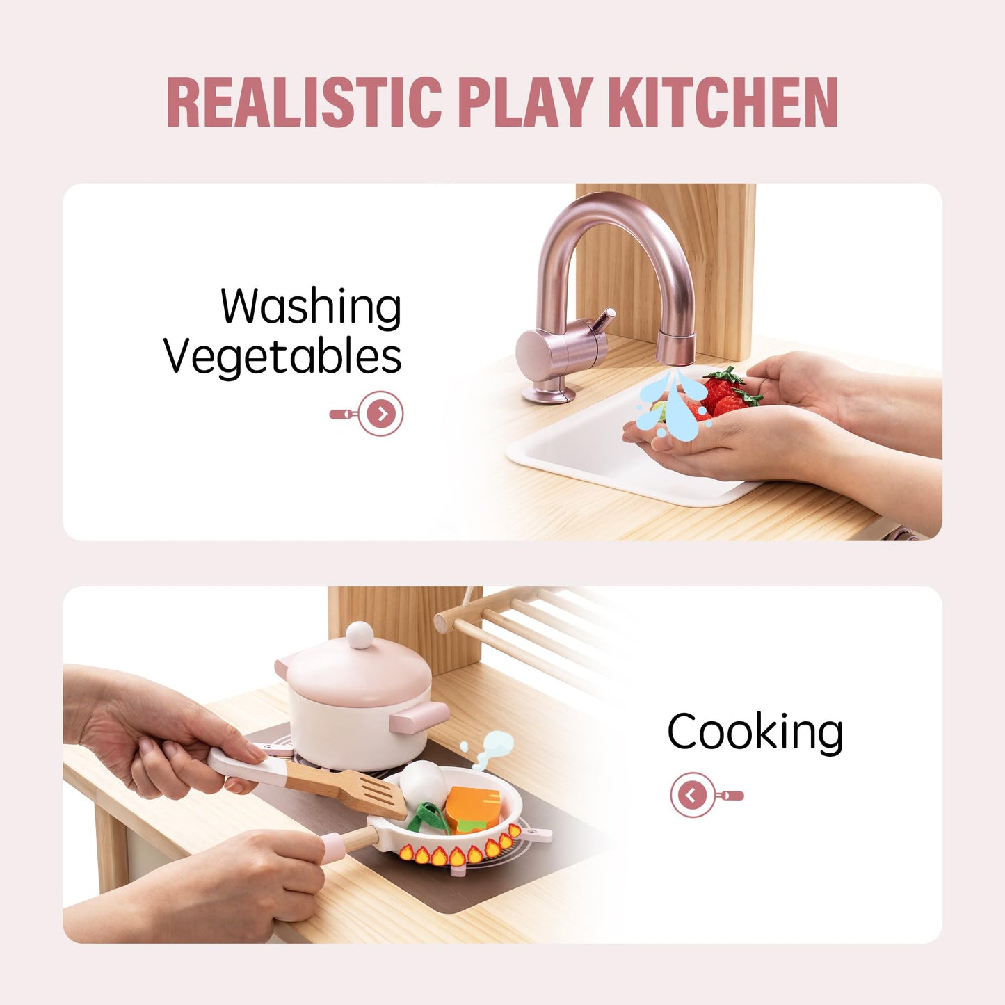 ROBOTIME Wooden Play Kitchen Set, Pretend Play Kitchen Set for Kids with Realistic Design, Kids & Toddlers Kitchen Playset with