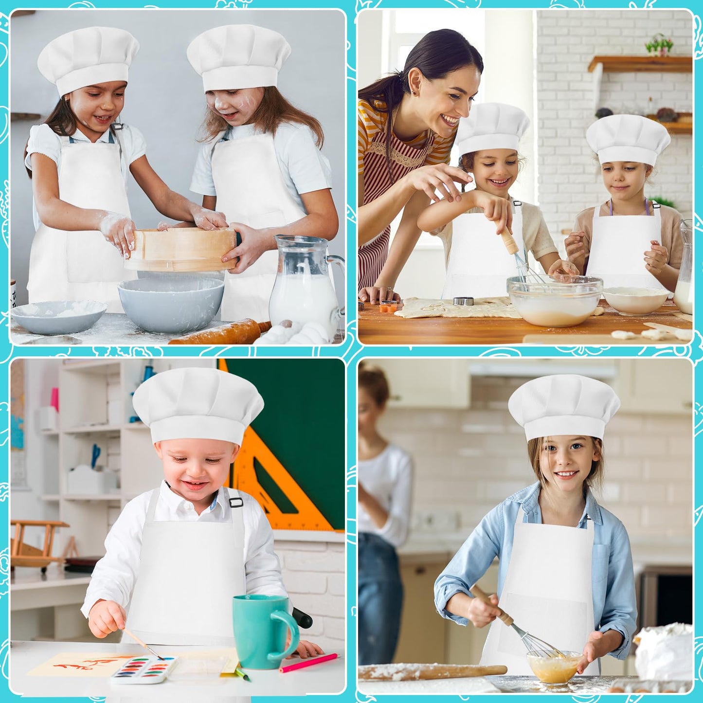 Bouiexye 1 Set Kids Apron and Chef Hat Set Children Apron Adjustable with 2 Pockets Children Chef Painting for Cooking Baking Pa