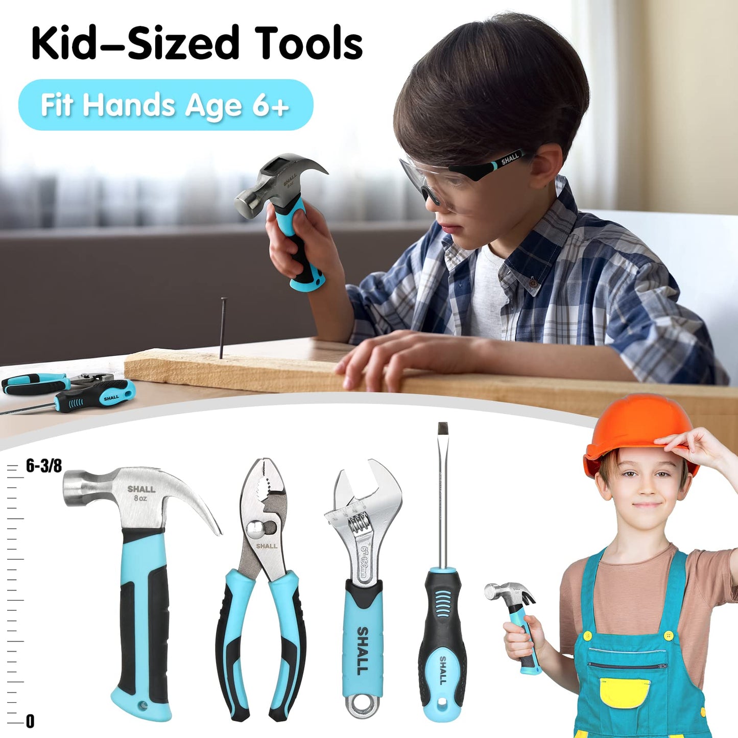 SHALL 26-Piece Kids Size Tool Set, Real Tools Kit for Kids with 12'' Tool Bag, Safety Certified Children Learning Tool Set with