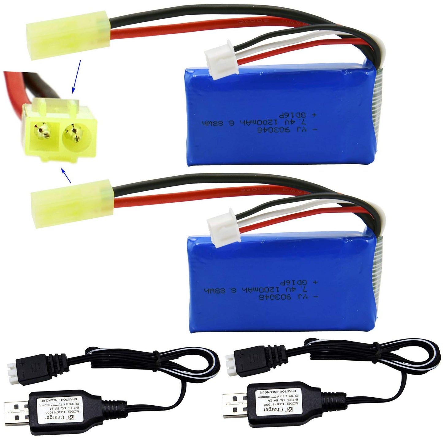 Blomiky 2 Pack 7.4V 1200Mah 8.88Wh Li-Po Battery And 2 Usb Charger Cable Replacement For 1/18 Scale 9310 9300 9301E 9302E 9303E 9304E 9305E Rc Truck 9300 1200 2 -Like New