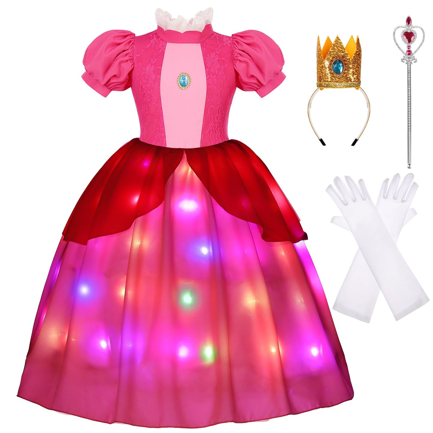 Hortyzon Girls Princess Dress Peach Costume Super Bros Kids Led Light Up Princess Dress For Deluxe Halloween Party Dress Up (3-4