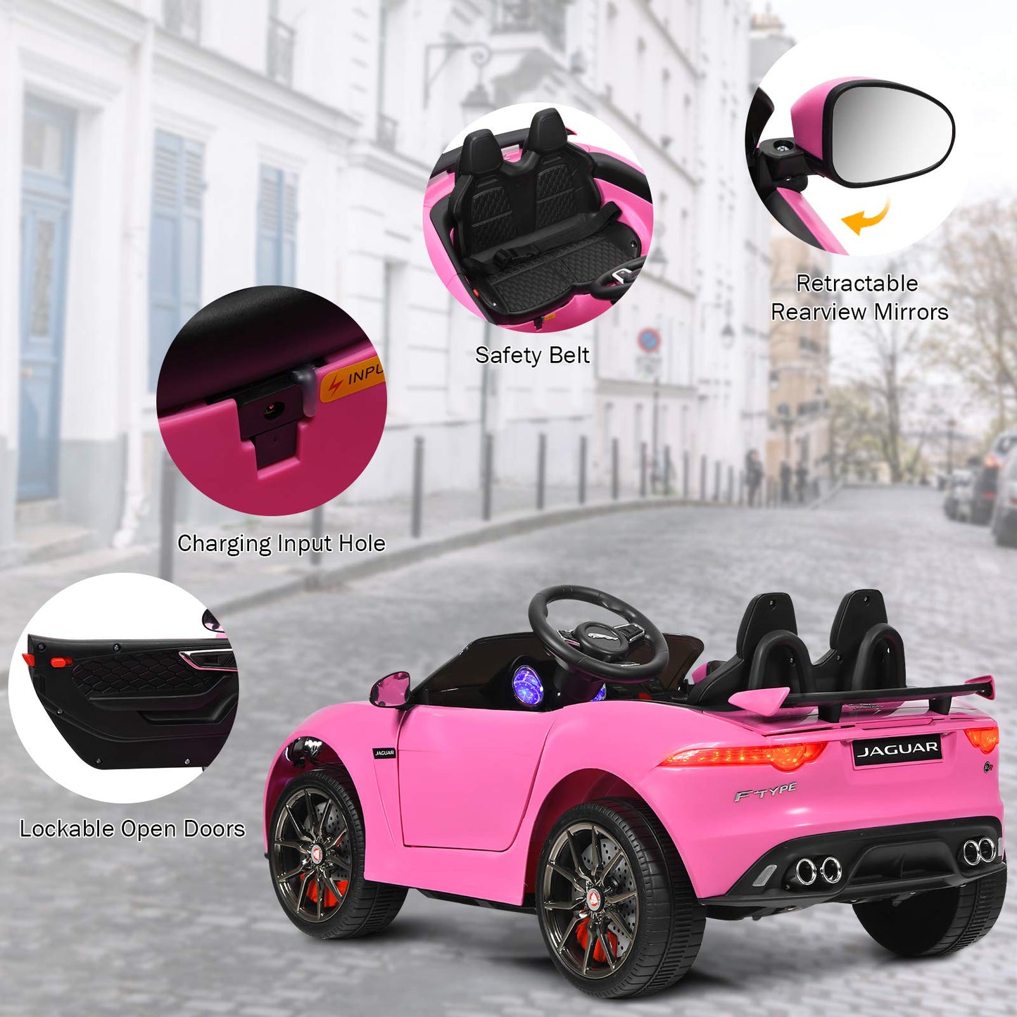 Costzon Ride On Car, 12V Licensed Jaguar F-Type Svr Battery Powered Ride On Toy W/Remote Control, Front/Rear Lights, Mp3, Music, 3 Speeds, Spring Suspension, Electric Vehicle For Kids (Pink)