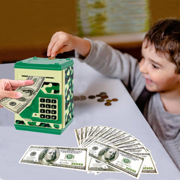 Renvdsa Cartoon Electronic Atm Password Piggy Bank Cash Coin Can Auto Scroll Paper Money Saving Box Gift For Kids (Green Camouflage)