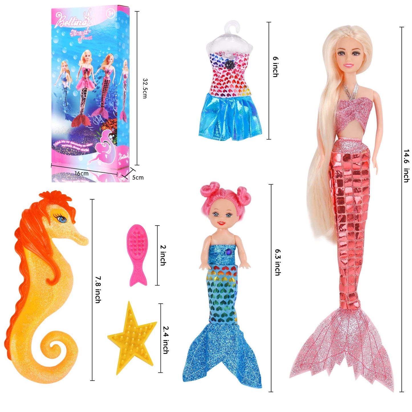 Bettina Princess Doll With Seahorse Play Gift Set | Mermaid Toys With Accessories And Doll Clothes For Girls (Pink)