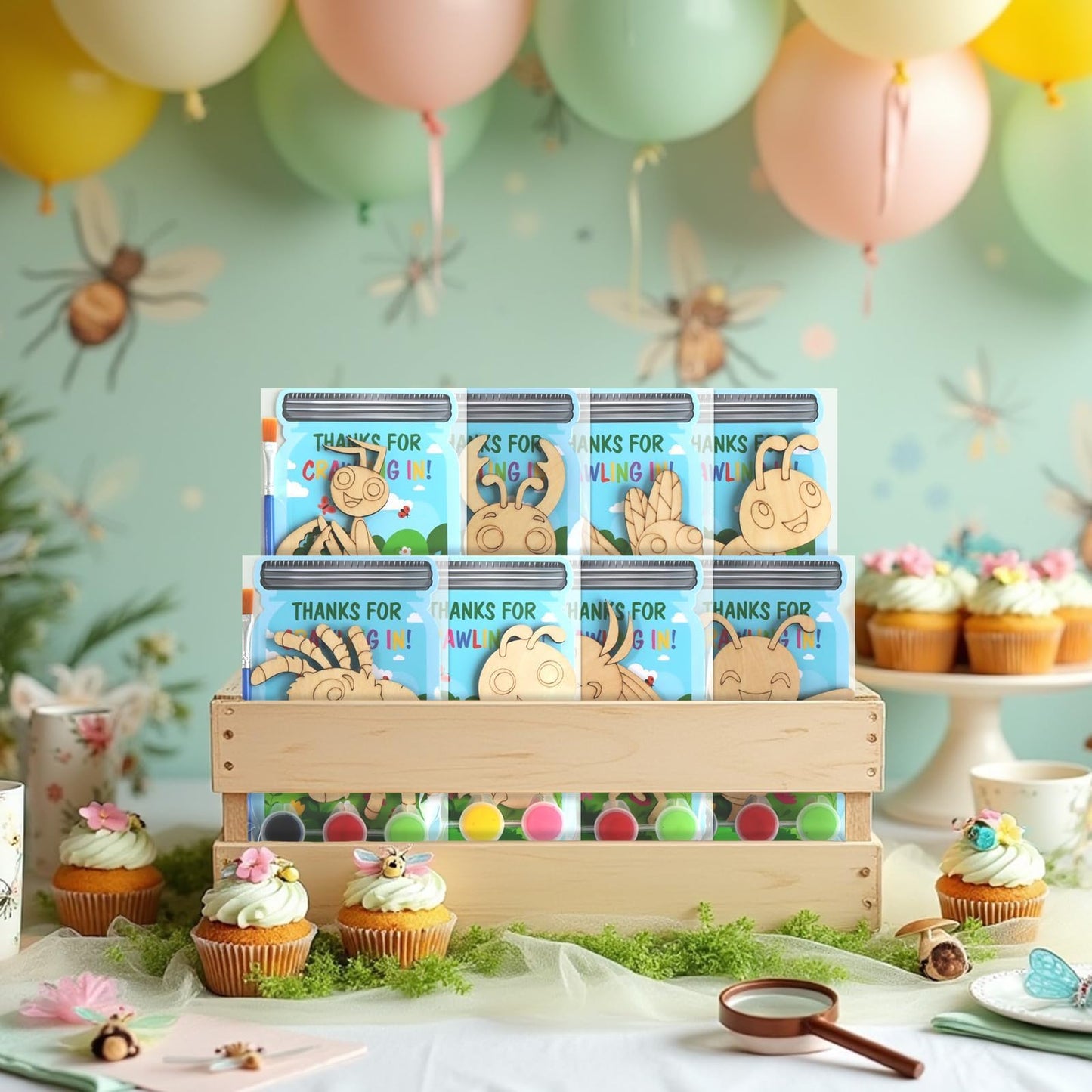 12 Pack Bug Party Favors for Kids - Individually Wrapped Paint Your Own Wooden Magnet Craft Kits with Thank You Card, Insect Bir