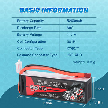 GOLDBAT LiPo RC Battery 5200mAh 3S 60C 11.1V LiPo RC Short Battery with Deans Connector Softcase Pack for RC Car Truck Quadcopte