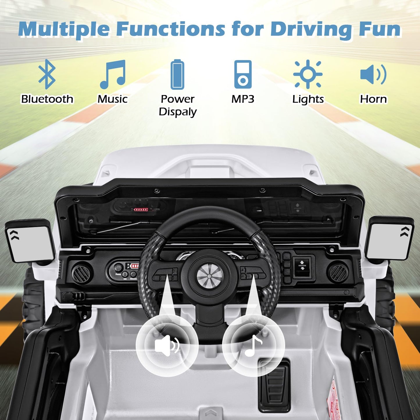 Olakids Ride On Truck, 12V Battery Powered Electric Vehicle For Kids With Remote Control, Bluetooth, Power Display, Led Lights, Music Player, Ride On Toy For 3+ Boys Girls (White)