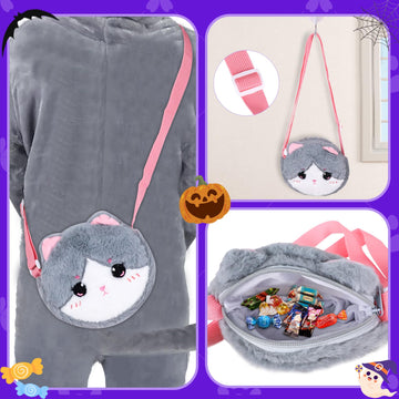 Gifts2U Halloween Cat Costume for Girls - Grey Flannel Onesie, 7-8 Years with Ears, Tail, Paws, Bow Ties, and Purse Bag