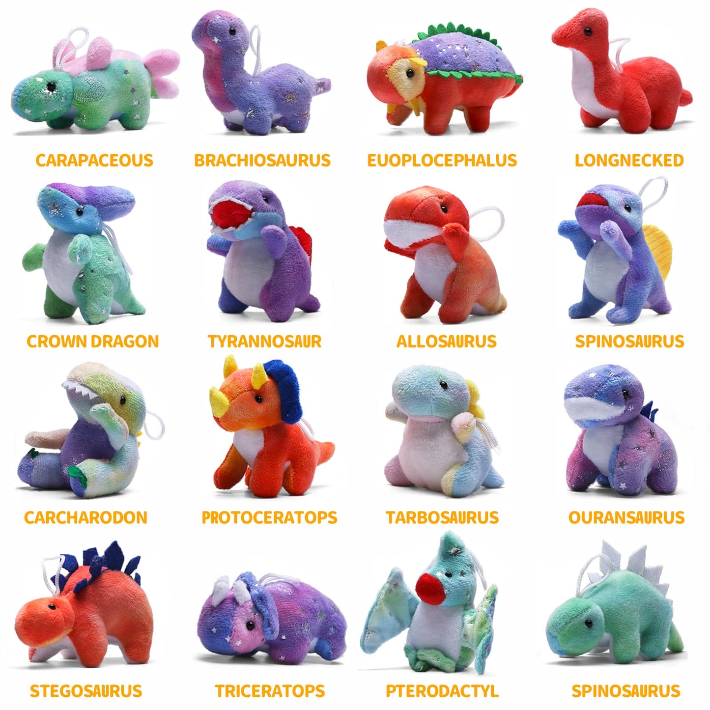 Dinosaur Plush Stuffed Set(16 Pack), Mini Dinosaurs Animal Keychain Toy(4.5'), Soft Dino Playset For Toddler Kid Party Favors, Plushies Kit For Stocking Stuffers Doll Machine Treasure Carnival Prizes