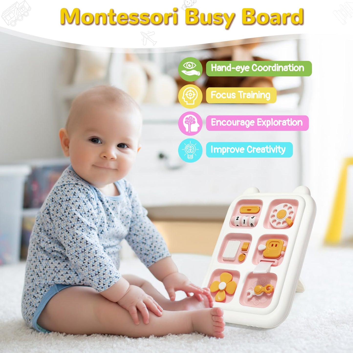 Topsolid Montessori Toys For 1 Year Old Girl, Sensory Toys For Toddlers 1-3, Travel Toys For 12-18 Months Baby, Busy Board For Learning Fine Motor Skills, 1St Birthday Gifts For Boys & Girls - Pink