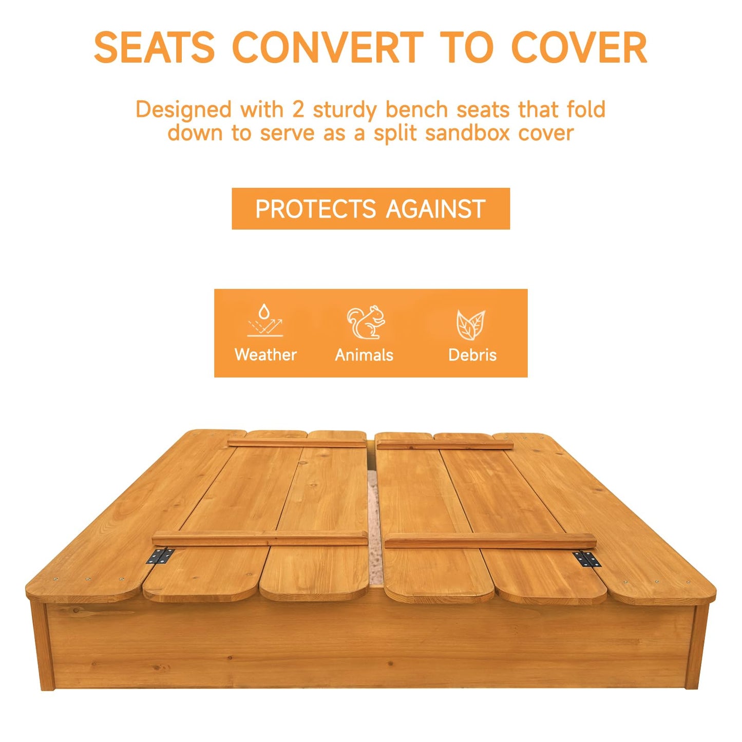 RUNSHED Large Wooden Kids Sandbox with Lid - Outdoor Sand Box for Kids with Cover Sand Protection, Foldable Bench Seats and Bott