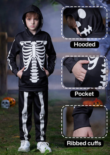 Halloween Kid Girls Bone Skeleton Skull Sweatshirt Hoodie Pant Set For Boys With Kangaroo Pocket 10 Years