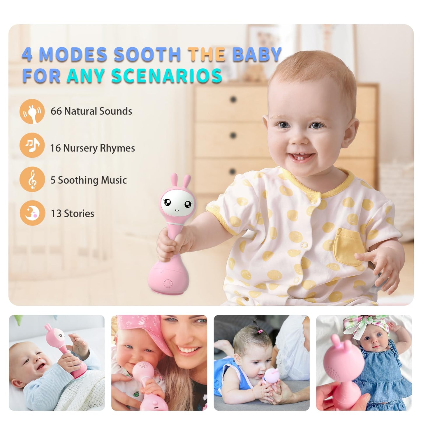 Alilo Smarty Bunny Baby Rattle Musical Light Up Toys, Infants Newborns Baby Toys 0-3-6-12-18-24 Months,1 Year Old Boy Girl Easter Gifts, 4 Music Modes And Color Recognition Function With 9 Color Card