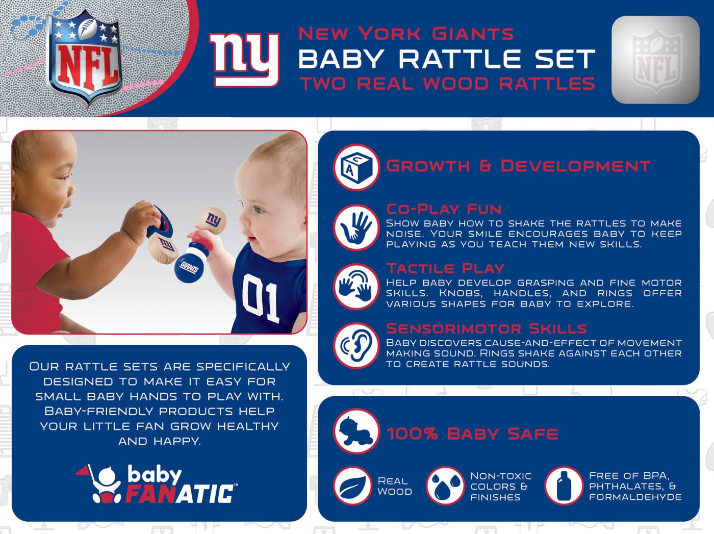 Masterpieces Nfl New York Giants Natural Wood, Non-Toxic, Bpa, Phthalates, & Formaldehyde Free, Baby Rattle Set, 2 Pieces