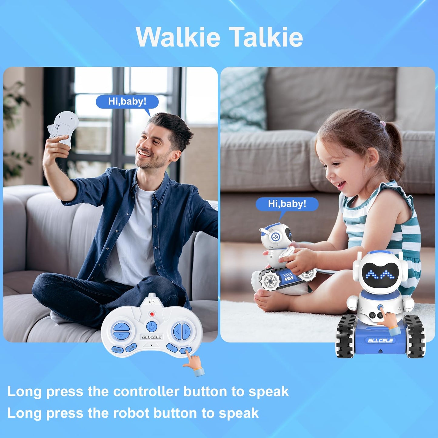 Allcele Led Rc Robot Toys, Rc Robot For Boys And Girls With Walkie Talkie, Programming, Music, Demo And Led Function, Remote Control Robot Toy, Gift For Kids 3-8 Years Old Blue White