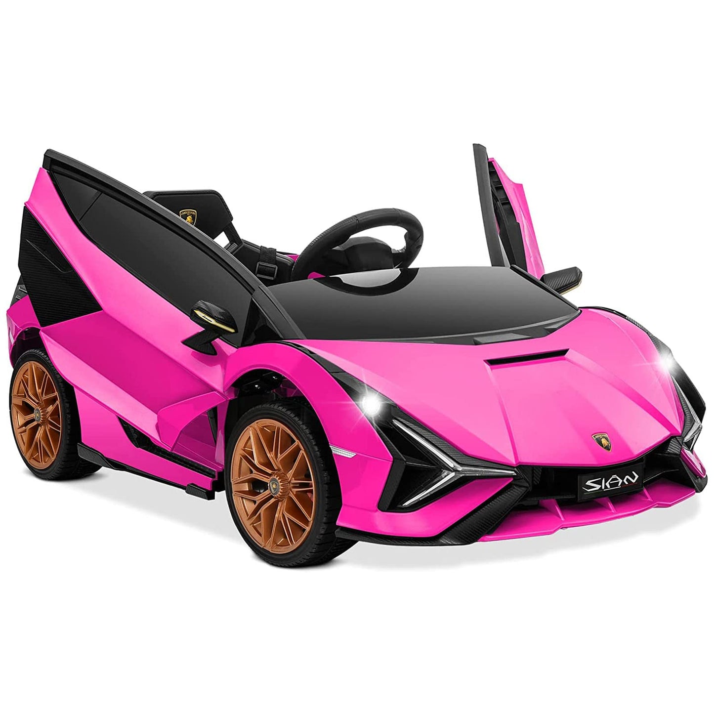 Olakids Kids 12V Licensed Lamborghini Sian Ride On Car, Electric Vehicle For Toddler With Control Remote, Battery Powered Toy With Music, Horn, 2 Speeds, Suspension, Led Lights, Bluetooth, Usb (Pink)