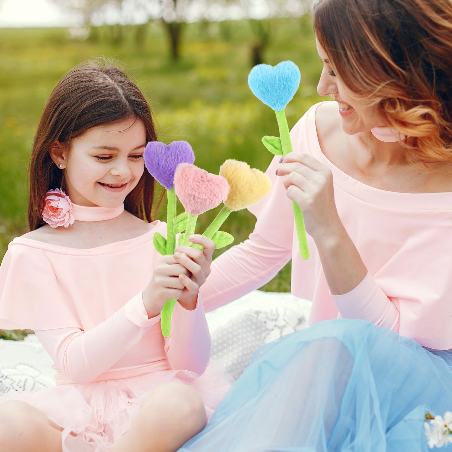 10 Pcs Plush Heart Floral Stuffed Bendable Stems Plush Bouquet Toy Soft Rose Flower 12.6 Inch For Christmas Classroom 2025 Mothe