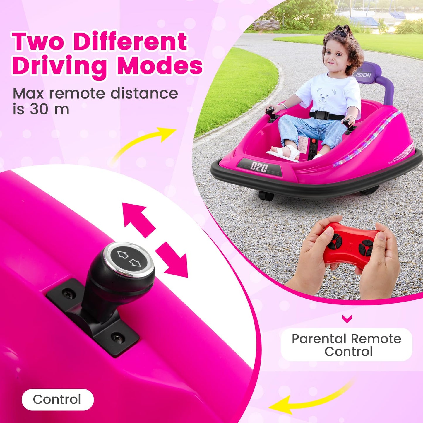 Olakids Bumper Car For Toddlers, 12V Kids Electric Ride On Toy With Remote Control, Battery Powered Vehicle Racer For Baby, 360 Degree Spin Rotation, Colorful Flashing Led Lights, Music (Pink)