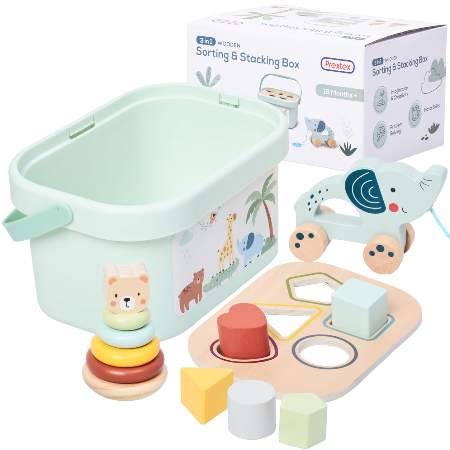 Prextex 3-In-1 Wooden Sorting And Stacking Toys - Includes 3D Shapes Sorting Box, 5 Stacking Rings With Bear, Elephant With Whee