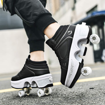 Double-Row Deform Wheel Automatic Walking Shoes Invisible Deformation Roller Skate 2 in 1 Removable Pulley Skates Skating Parkour (Black high US 5.5)
