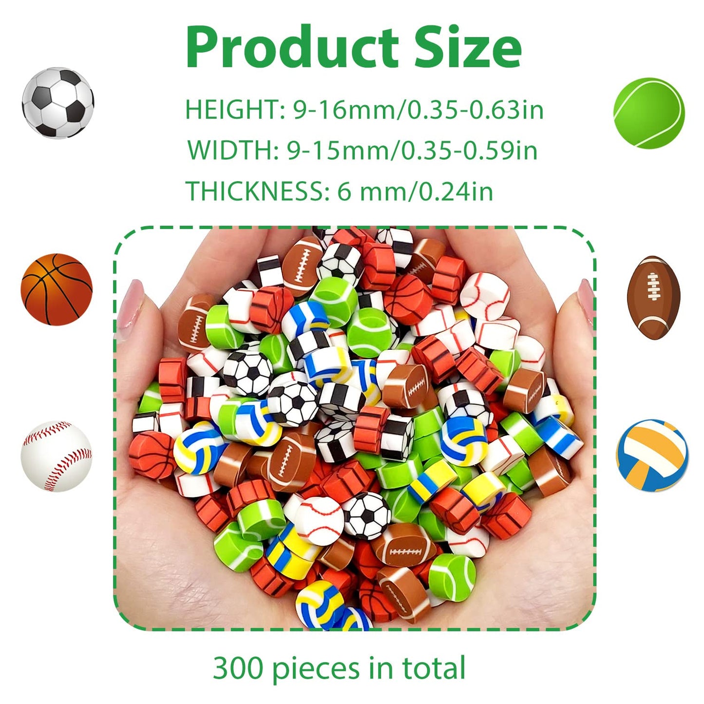 300 Pieces Sports Ball Pattern Mini Erasers For Kids, Assortment Novelty Pencil Erasers Bulk For Party Favor Home School Work Cl