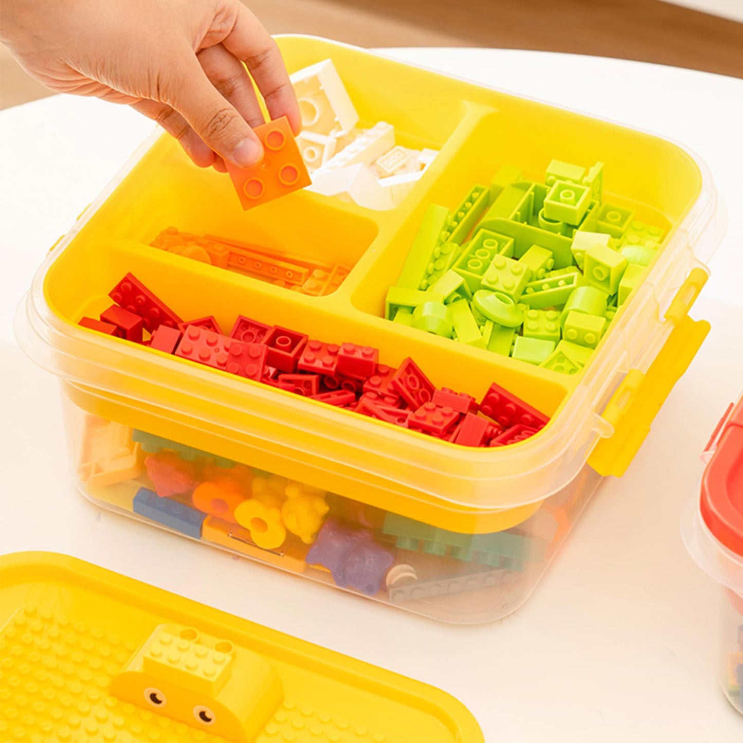 Toys Storage Organizer Bins For Lego, Building Blocks Storage With Building Baseplate Lid, Storage Containers For Building Brick Storage Plastic Stackable Organizer Bin Toy Chest (Yellow)