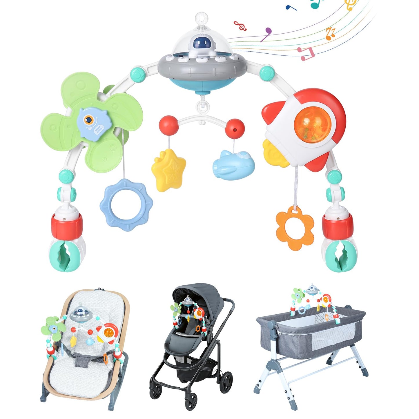 Orzbow Stroller Arch Toy For Baby, Musical Carseat Toys Hanging With Teething, Baby Mobile For Crib Bassinet Car Seat And Bouncer, Car Seat Activity Toy For Babies 0-12 Months
