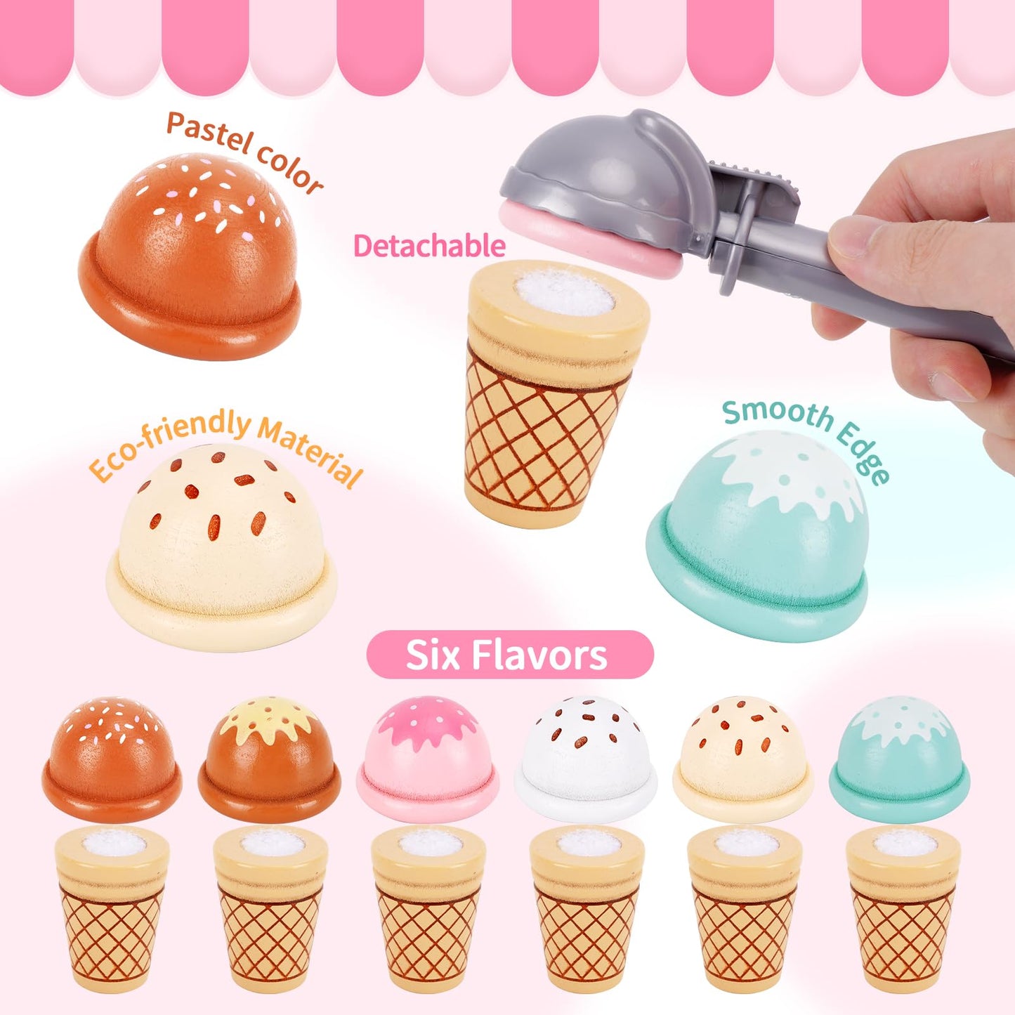 Wooden Ice Cream Toys for Toddlers 3-5, Kids Wooden Toys Play Kitchen Accessories, Play Food Sets for Kids Kitchen, Pretend Play