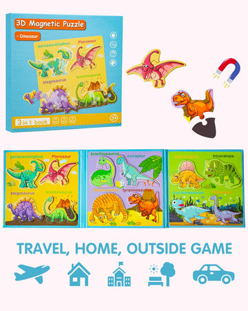 Magnetic Puzzles For Toddlers 2-4, Travel Puzzles Games For Kids Ages 1-3, Dinosaur Activities Toy Wooden Jigsaw Puzzles Book Fo