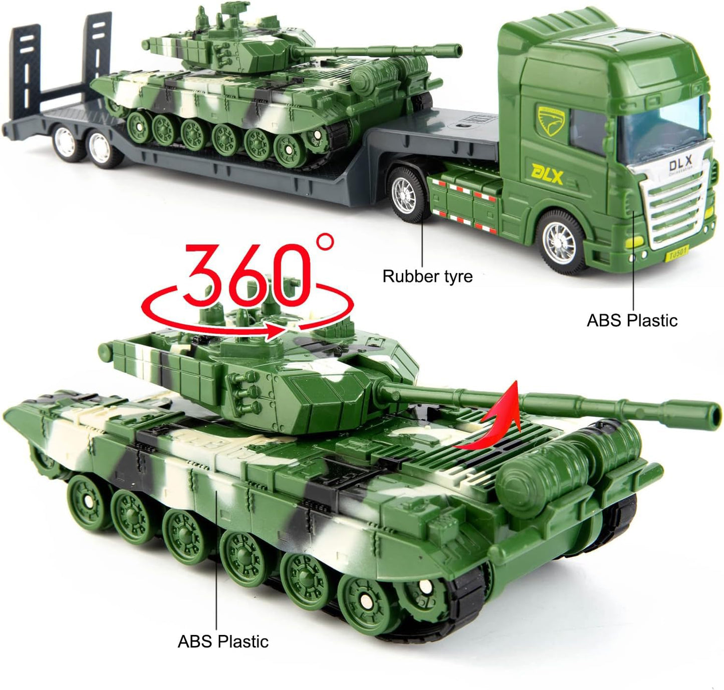 TGRCM-CZ Flatbed Truck Toy with Tank,Army Toys, Semi Flatbed Trailer-Push and Go Toy Trucks, Construction Trucks for Toddlers,Pl
