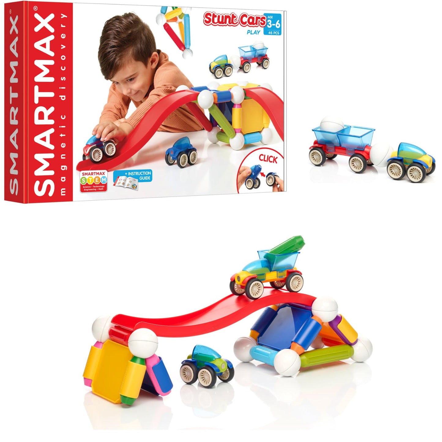 Smartmax Stunt Cars (Basic Stunt) Stem Magnetic Discovery Building Set With Moving Vehicles Featuring Safe, Extra-Strong, Oversized Building Pieces For Ages 3+