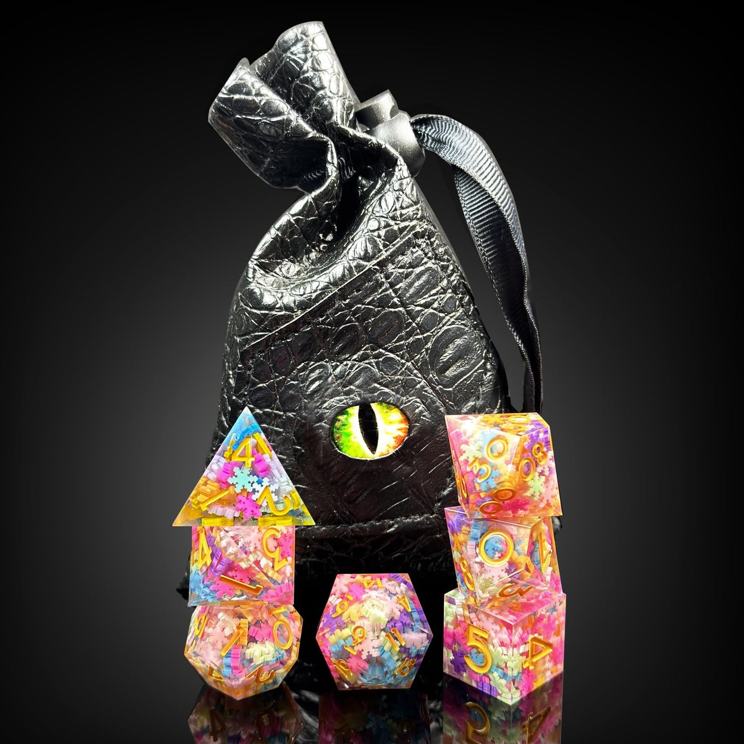 HAOMEJA D&D Colorful Snowflake Resin Dice Set DND 7 PCS Sharp Edges Dice with Gift Dragon Eye Bag Apply to Dungeons and Dragons