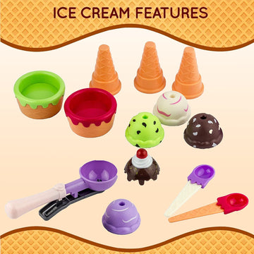 Kids Ice Cream Toy Set - Pretend Play Sweet Treats Ice Cream Parlour Dessert Accessories Playset with Cone and Scoop for Toddler
